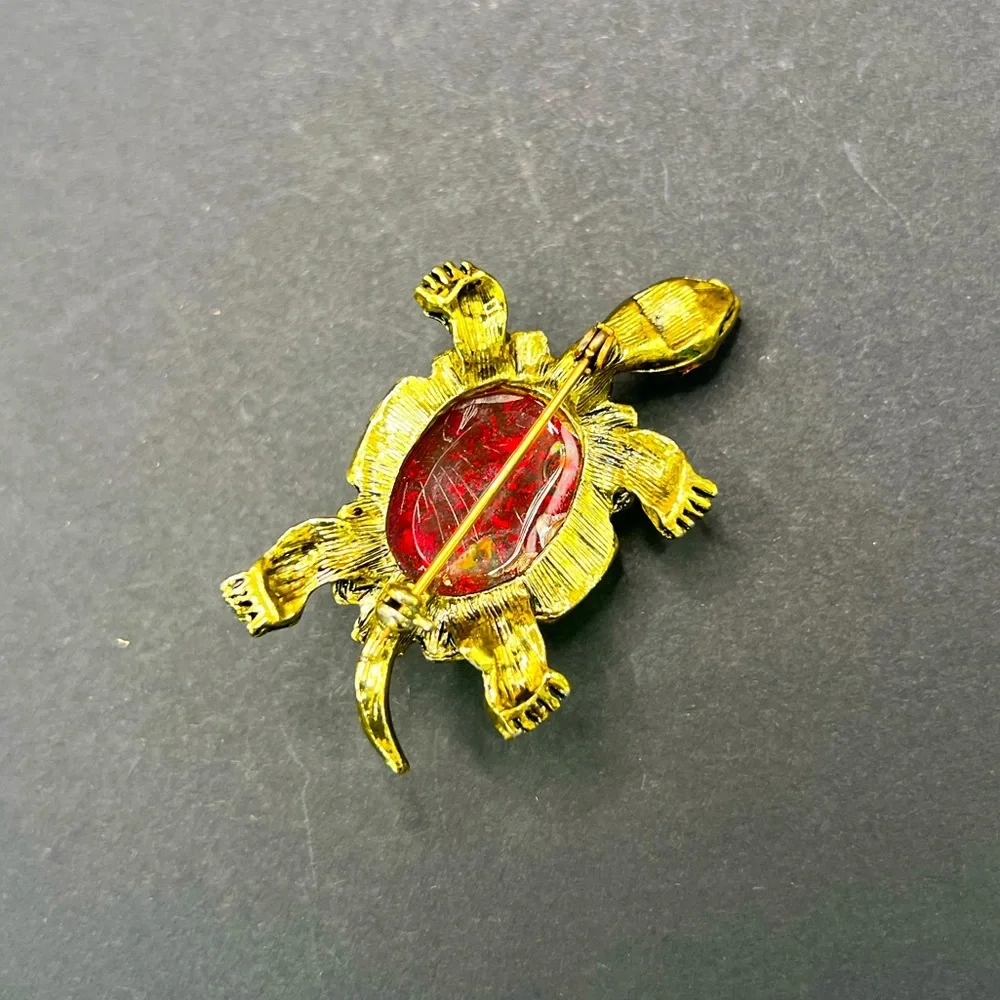 Vintage Turtle Gold Pink Red Turtle Brooch Pin